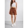 Kadın Dokuma otoban Şort Beli Lastikli Bağcıklı, Cepli, Rahat Kesim Günlük Yazlık Şort - Kahverengi