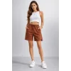 Kadın Dokuma otoban Şort Beli Lastikli Bağcıklı, Cepli, Rahat Kesim Günlük Yazlık Şort - Kahverengi