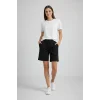 Kadın Dokuma otoban Şort Beli Lastikli Bağcıklı, Cepli, Rahat Kesim Günlük Yazlık Şort - Siyah
