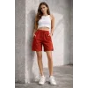 Kadın Dokuma otoban Şort Beli Lastikli Bağcıklı, Cepli, Rahat Kesim Günlük Yazlık Şort - Turuncu
