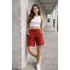 Kadın Dokuma otoban Şort Beli Lastikli Bağcıklı, Cepli, Rahat Kesim Günlük Yazlık Şort - Turuncu