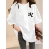Kadın T-shirt Eğlenceli Harf NY Baskılı Bisiklet Yaka Tişört - Beyaz