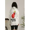 Kadın Oversize Kapüşonlu Cepli Baskılı 3 İplik Pamuklu Hoodie Sweatshirt - Beyaz