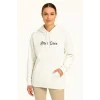 Kadın Kapüşonlu Kanguru Cepli Sweatshirt 3 İplik Pamuklu Baskılı Hoodie - Beyaz
