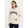 Kadın Kapüşonlu 3 İplik Pamuklu Önü Baskılı Fermuarlı Oversize Hoodie Sweatshirt - Beyaz
