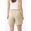 Kadın Keten Kumaş Cepli Rahat Kesim Bel Lastikli Şort - Bej