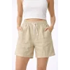 Kadın Keten Kumaş Cepli Rahat Kesim Bel Lastikli Şort - Bej
