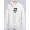 Kadın Oversize Kapüşonlu Cepli Baskılı 3 İplik Pamuklu Hoodie Sweatshirt - Beyaz