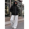 Kadın Maskeli Ninja Model Çift Kapüşonlu 3 İplik Şardonlu Fermuarlı Oversize Sweatshirt - Siyah