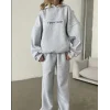 Kadın Nakış İşlemeli 3 İplik Pamuklu Sweat Alt-Üst Takım- Gri