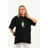 Kadın T-Shirt Penguen Baskılı Bisiklet Yaka Kısa kol yazlık Tişört - Siyah