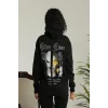 Kadın Oversize Kapüşonlu Cepli Baskılı 3 İplik Pamuklu Hoodie Sweatshirt -  Siyah