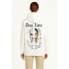 Kadın Kapüşonlu Kanguru Cepli Sweatshirt 3 İplik Pamuklu Baskılı Hoodie - Beyaz