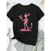 Kadın Tişört Pembe Panter Baskılı Bisiklet Yaka Kısa Kol T-shirt - Beyaz