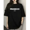 Kadın Kısa Kol Yazlık Tişört Bisiklet Yaka Baskılı Oversize T-Shirt - Siyah