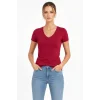 Kadın T-Shirt V Yaka Slim Fit Likralı Tişört Günlük Basic Body - Bordo