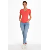 Kadın T-Shirt V Yaka Slim Fit Likralı Tişört Günlük Basic Body - Nar Çiçeği
