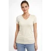 Kadın T-Shirt V Yaka Slim Fit Likralı Tişört Günlük Basic Body - Taş