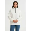 Kadın 3 İplik Pamuklu Dık Yaka Yarım Fermuarlı SweatShirt - Beyaz
