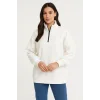 Kadın 3 İplik Pamuklu Dık Yaka Yarım Fermuarlı SweatShirt - Beyaz
