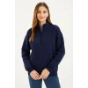 Kadın 3 İplik Pamuklu Dık Yaka Yarım Fermuarlı SweatShirt - Lacivert