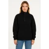 Kadın 3 İplik Pamuklu Dık Yaka Yarım Fermuarlı SweatShirt - Siyah