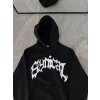 Kadın Kapüşonlu Kanguru Cepli Sweatshirt 3 İplik Pamuklu Baskılı Hoodie -  Siyah