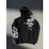 Kadın Oversize Kapüşonlu Cepli Baskılı 3 İplik Pamuklu Hoodie Sweatshirt - Siyah