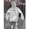 Kadın Kapüşonlu Kanguru Cepli Sweatshirt 3 İplik Pamuklu Baskılı Hoodie - Beyaz