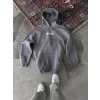 Kadın Kapüşonlu Kanguru Cepli Sweatshirt 3 İplik Pamuklu Baskılı Hoodie - Gri