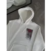 Kadın Kapüşonlu Kanguru Cepli Sweatshirt 3 İplik Pamuklu Baskılı Hoodie - Beyaz