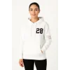 Kadın Kapüşonlu Kanguru Cepli Sweatshirt 3 İplik Pamuklu Baskılı Hoodie - Beyaz