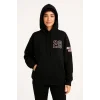 Kadın 3 İplik Pamuklu Kapüşonlu Kanguru Cepli Baskılı Hoodie Sweatshirt - Siyah