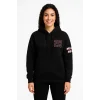Kadın 3 İplik Pamuklu Kapüşonlu Kanguru Cepli Baskılı Hoodie Sweatshirt - Siyah