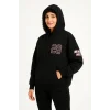Kadın 3 İplik Pamuklu Kapüşonlu Kanguru Cepli Baskılı Hoodie Sweatshirt - Siyah