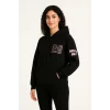 Kadın 3 İplik Pamuklu Kapüşonlu Kanguru Cepli Baskılı Hoodie Sweatshirt - Siyah