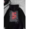 Kadın Kapüşonlu Kanguru Cepli Sweatshirt 3 İplik Pamuklu Baskılı Hoodie - Siyah