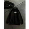 Kadın Oversize Kapüşonlu Cepli Baskılı 3 İplik Pamuklu Hoodie Sweatshirt - Siyah
