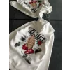 Kadın Oversize Kapüşonlu Cepli Baskılı 3 İplik Pamuklu Hoodie Sweatshirt - Beyaz