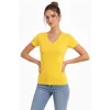 Kadın T-Shirt V Yaka Slim Fit Likralı Tişört Yazlık Basic Body - Sarı