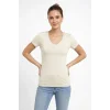 Kadın T-Shirt V Yaka Slim Fit Likralı Tişört Yazlık Basic Body - Taş