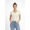 Kadın T-Shirt V Yaka Slim Fit Likralı Tişört Yazlık Basic Body - Taş