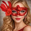 Kırmızı Tüylü Payetli Lüks Taşlı Parti Maskesi
