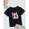 Kız Çocuk Bisiklet Yaka Baskılı T-Shirt - Siyah