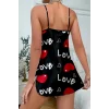Love Desenli Siyah Saten Gecelik