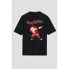 Yılbaşı Tişört Merry Christmas Baskılı Noel Babalı T-shirt - Siyah