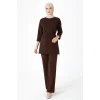 Osy Modal yumuşak dokulu Kadın Kuşaklı Tesettür Takım Salaş Kalıp 4/3 Kol Katlanmış kol İkili Takım - Kahverengi