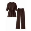 Osy Modal yumuşak dokulu Kadın Kuşaklı Tesettür Takım Salaş Kalıp 4/3 Kol Katlanmış kol İkili Takım - Kahverengi