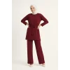 Osy Modal yumuşak dokulu Kadın Kuşaklı Tesettür Takım Salaş Kalıp 4/3 Kol Katlanmış kol İkili Takım - Bordo