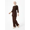 Osy Modal yumuşak dokulu Kadın Kuşaklı Tesettür Takım Salaş Kalıp 4/3 Kol Katlanmış kol İkili Takım - Kahverengi